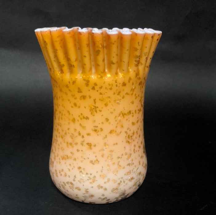 APRICOT SPANGLED CASED GLASS RUFFLED VASE