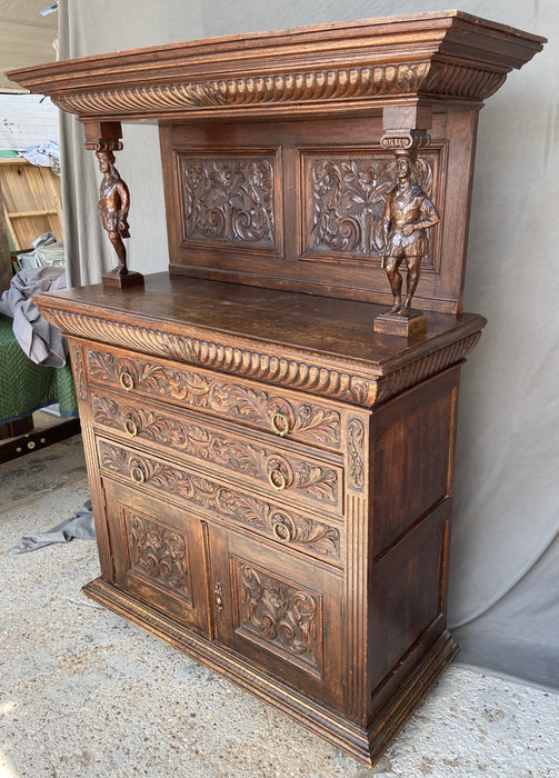 FRENCH FIGURAL CARVED DARK OAK SERVER CHEST WITH DOORS