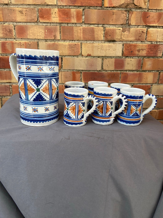 STONEWARE SET OF PITCHER AND 6 MUGS