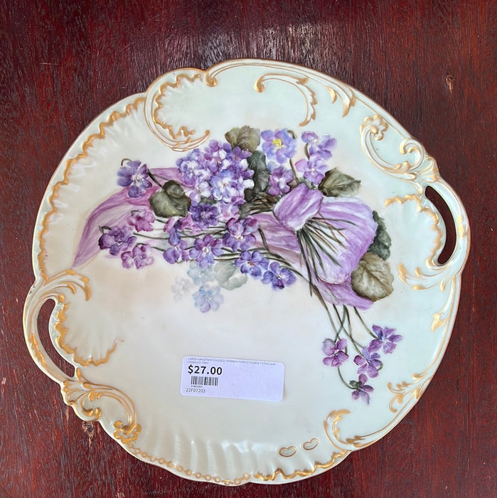 LARGE HANDPAINTED GOLD TRIMMED PURPLE FLORAL PORCELAIN HANDLED TRAY