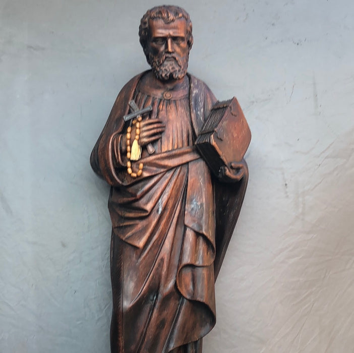 CARVED WOOD SAINT WITH CROSS