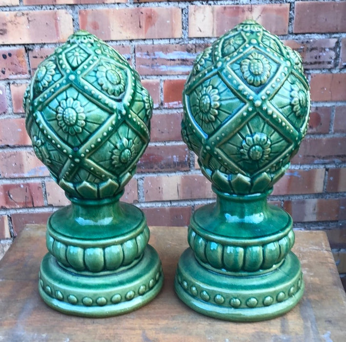 PAIR OF GREEN CERAMIC ARTICHOKES