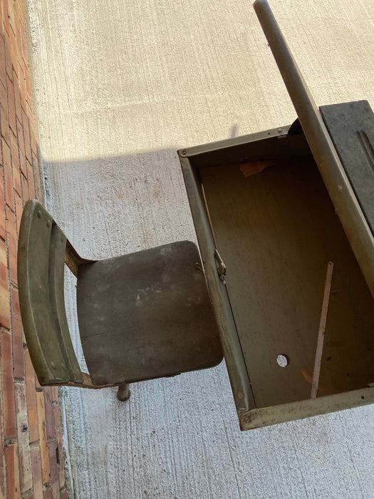 GREEN METAL AND WOOD SMALL SCHOOL DESK WITH ATTACHED CHAIR