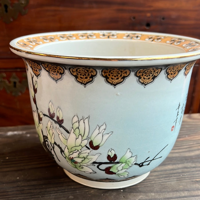 8" ASIAN STYLE PLANTER POT WITH 2 BIRDS