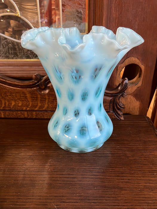 BLUE COIN DOT OPALESCENT RUFFLE EDGE LARGE VASE