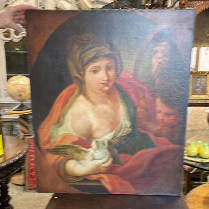 UNFRAMED 19TH CENTURY OIL PAINTING ON CANVAS OF LADY WITH DOVE