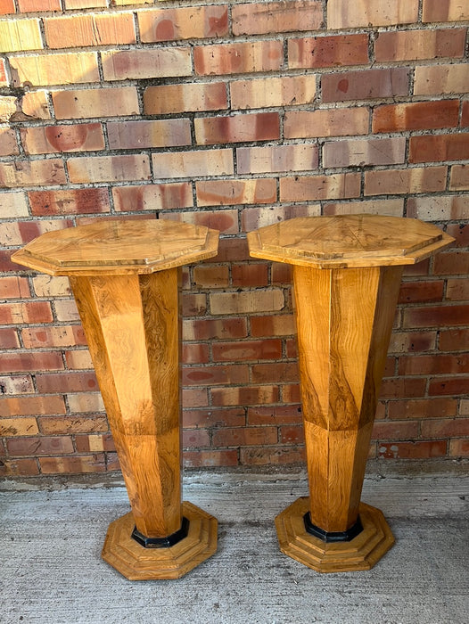 PAIR OF TAPERED DECO BURL ASH AND EBONIZED PEDESTALS