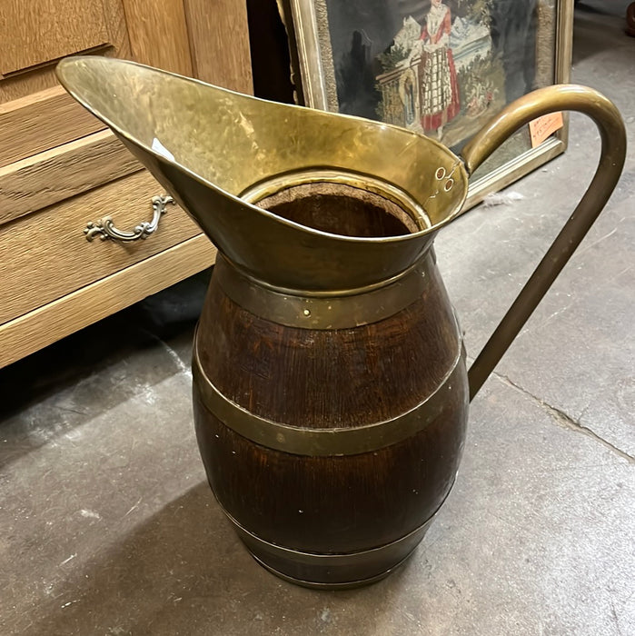 LARGE OAK BARREL AND BRASS PITCHER UMBRELLA HOLDER