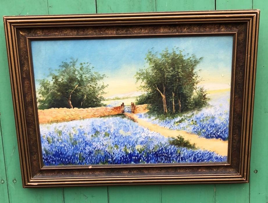 SMALL UNSIGNED BLUEBONNETS AND A FENCE OIL PAINTING UNSIGNED