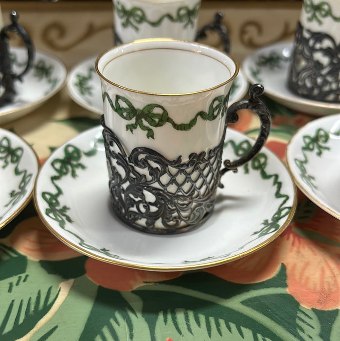 SET OF 6 CRESCENT ENGLISH TINY COFFEE CUPS WITH METAL HOLDERS AND SAUCERS