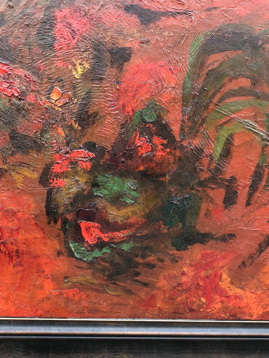 RED ABSTRACT IMPRESSIONIST OIL PAINTING OF A ROOSTER