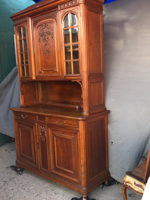 AS FOUND LOUIS XVI WALNUT BUFFET WITH BEVELED GLASS WITH FLORAL BOUQUET