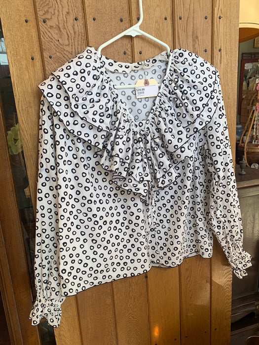 WHITE WITH BLACK CIRCLE PRINT RUFFLE NECK LONG SLEEVE BLOUSE