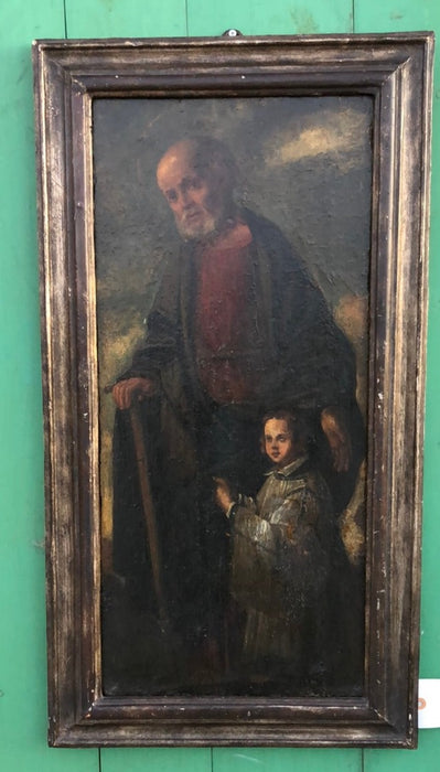 WOOD FRAMED VERTICAL OIL PAINTING ON BOARD 18TH CENTURY SAINT WITH BOY