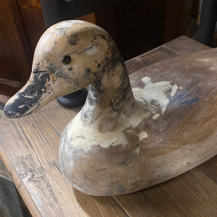 CARVED WOOD WITH BLACK AND WHITE DUCK WITH GLASS EYES