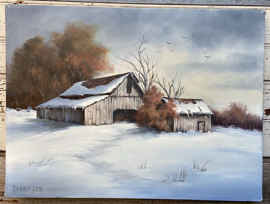 BARN IN SNOW SCENE PAINTING SIGNED DONNA BELL