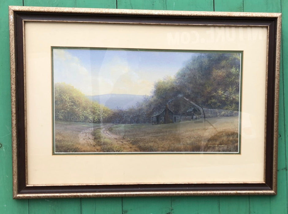 WATERCOLOR PAINTING OF A MOUNTAIN ROAD AND BARN