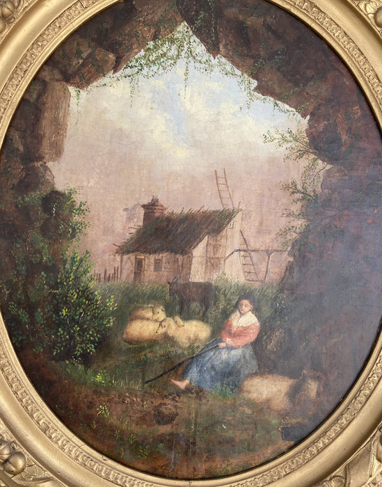 FRAMED OVAL OIL PAINTING OF WOMAN AND SHEEP