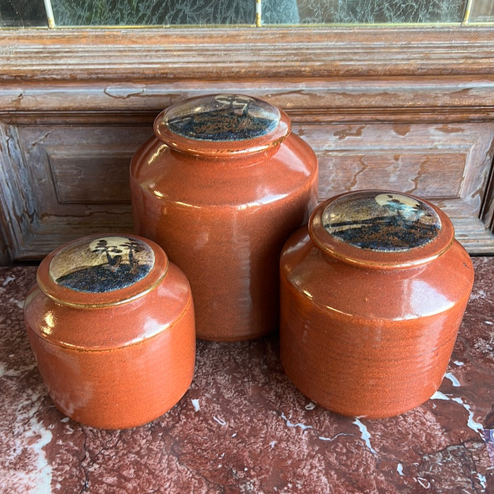 SET OF 3 GLAZED POTTERY CANNISTERS WITH MOONLIT SCENE LIDS