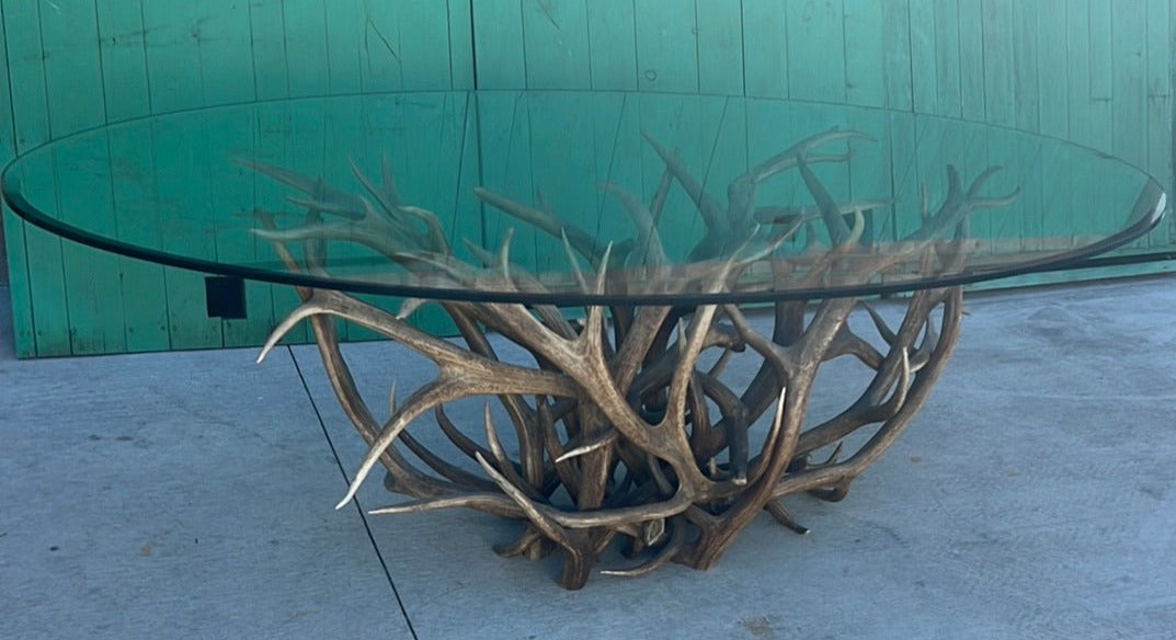 OVAL LARGE GLASS TOP TABLE WITH ANTLER BASE