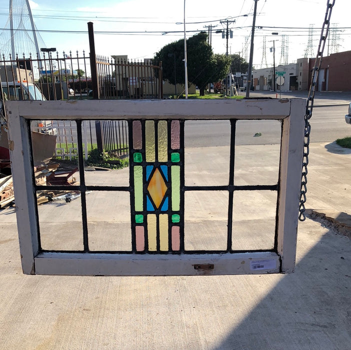 SMALL STAINED GLASS WINDOW WITH YELLOW DIAMOND IN MULTI COLORS - 9 PANES