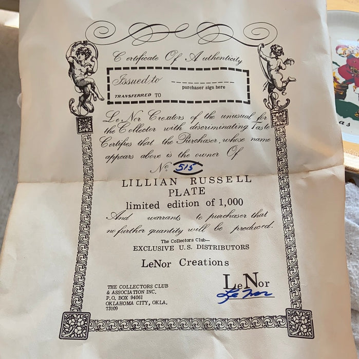LILIAN RUSSEL COMMEMORATIVE COCA COLA PLATE 515/1000