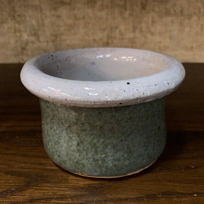 SMALL GREEN WITH GREY RIM GLAZED POTTERY VESSEL