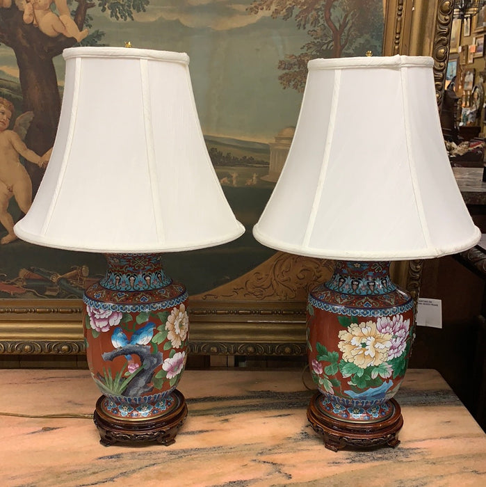 PAIR OF RED CLOISONNE WITH BLUE BIRDS LAMPS