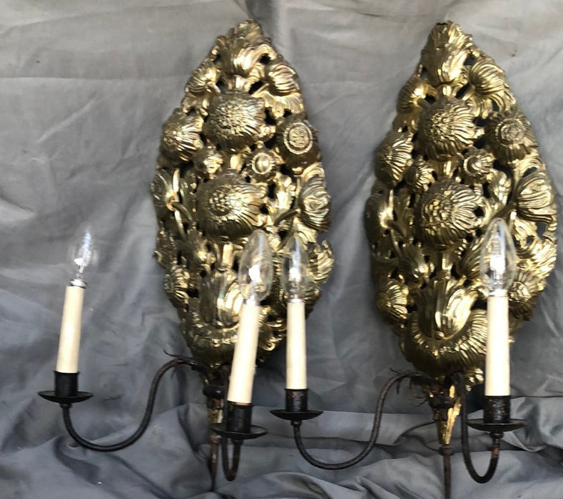 PAIR OF BRASS AND IRON SCONCES