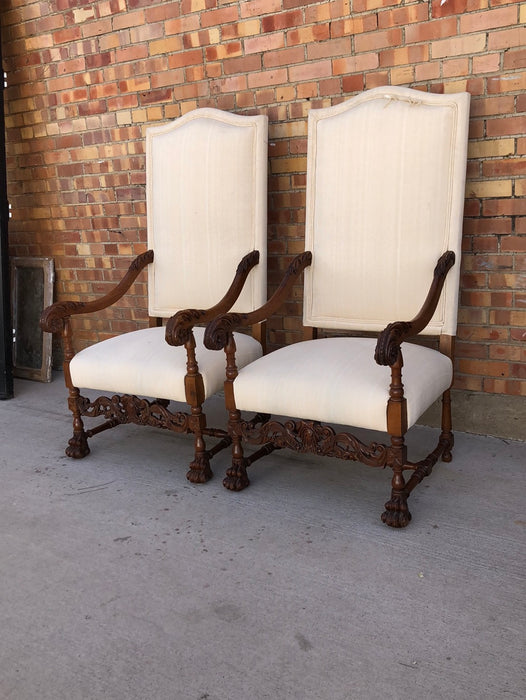 PAIR WALNUT HIGH BACK PAW FEET ARCHED FAUTEUIL CHAIRS