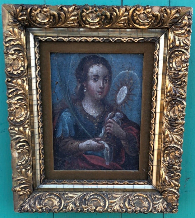 SMALL FEMALE SAINT OIL PAINTING HOLDING A MONSTRONCE ON CANVAS IN GILT FRAME