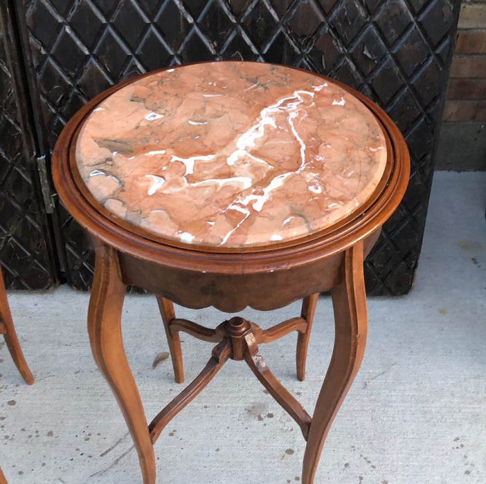 PAIR OF LOUIS XV MAHOGANY MARBLE TOP OCCASSIONAL TABLES - AS FOUND