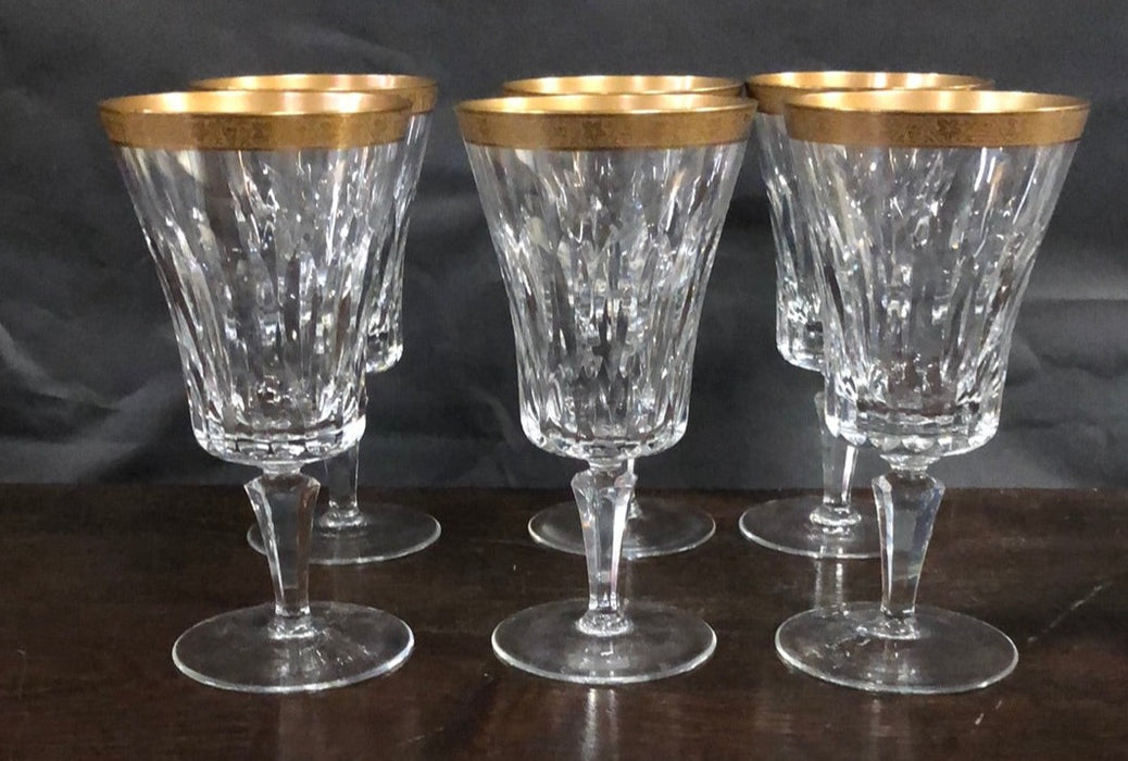 SET OF SIX GOLD RIM STEMMED CRYSTAL WINE GLASSES