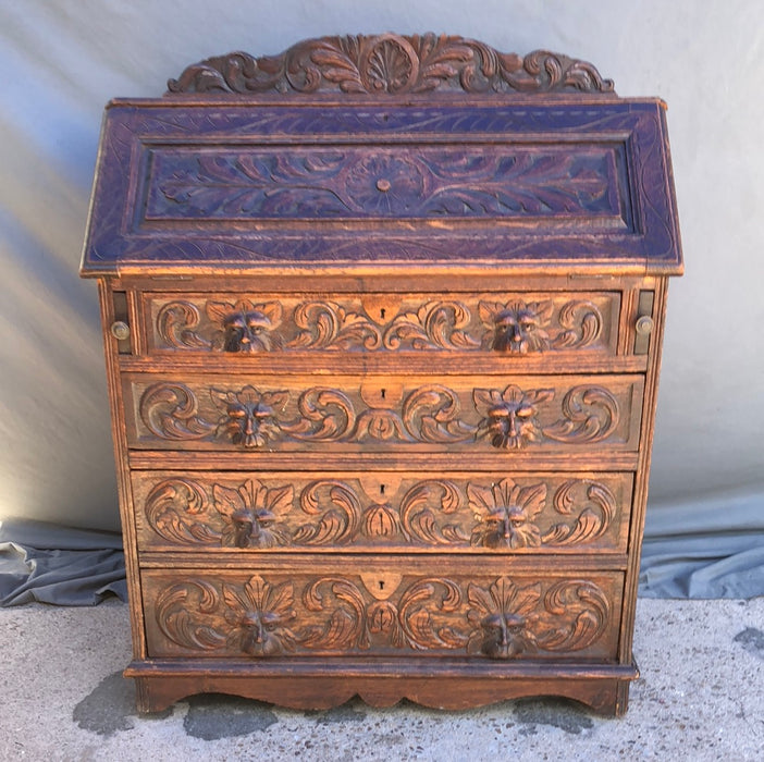 CARVED ENGLISH 1890S DROP FRONT OAK DESK