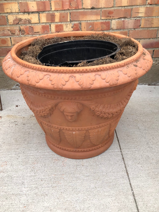 LARGE TERRA COTTA POT WITH CHERUBS AND VINES