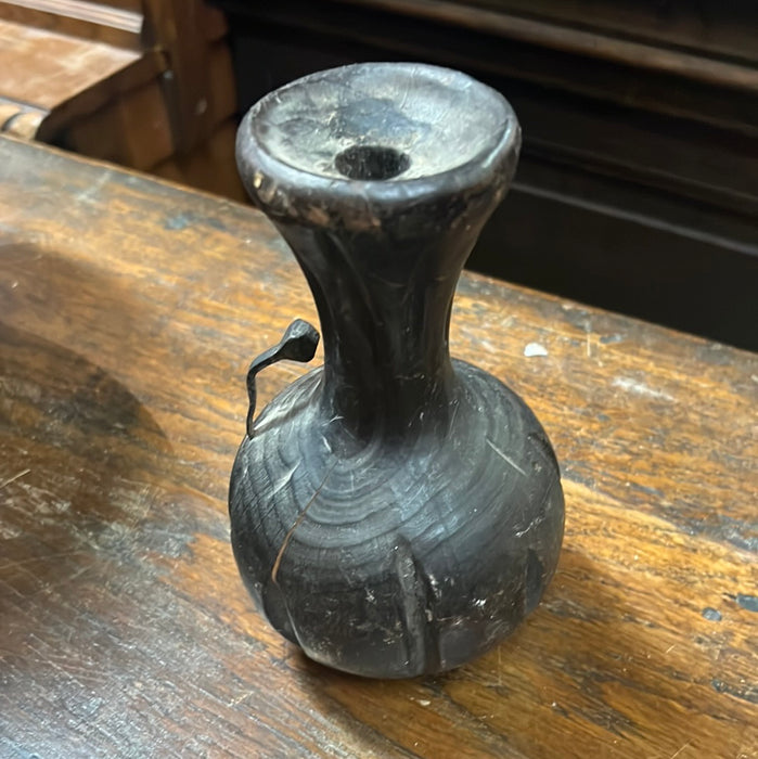 SMALL BLACK WOODEN VASE WITH HANDLE - AS IS