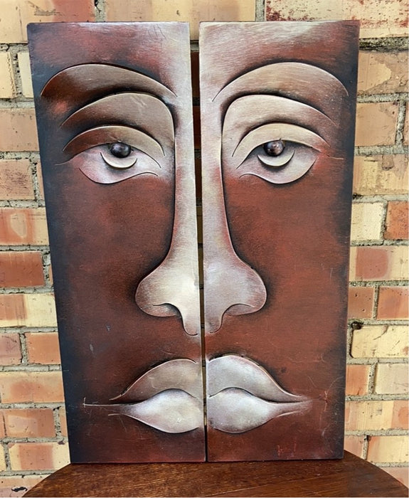 2 PIECE METAL ART WALL SCULPTURE OF FACE