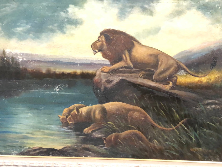 LARGE FRAMED OIL PAINTING "LION PRIDE" BY W.R. THRASHER