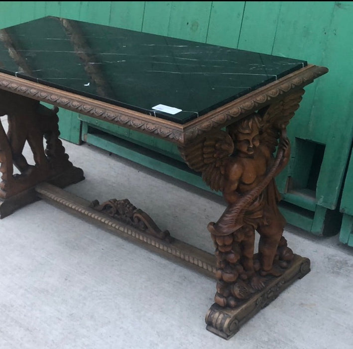 LARGE CARVED ANGEL TABLE WITH BLACK MARBLE TOP