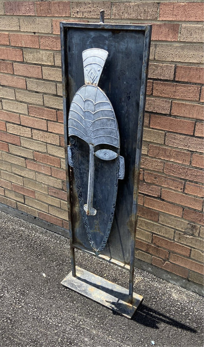 LARGE METAL AFRICAN MASK ON STAND - AS FOUND