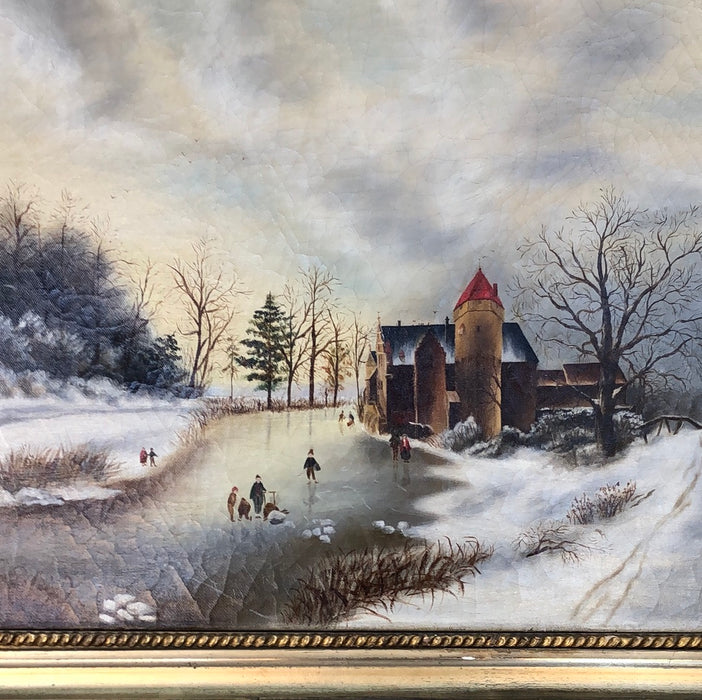 WINTER SCENE OIL PAINTING OF FROZEN RIVER WITH PEOPLE