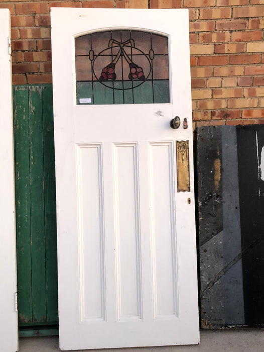 PAINTED STAINED GLASS DOOR WITH ART NOUVEAU HARDWARE