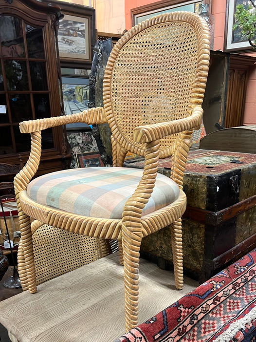 AS IS VINTAGE CANED BALLOON BACK REEDED ARM CHAIR