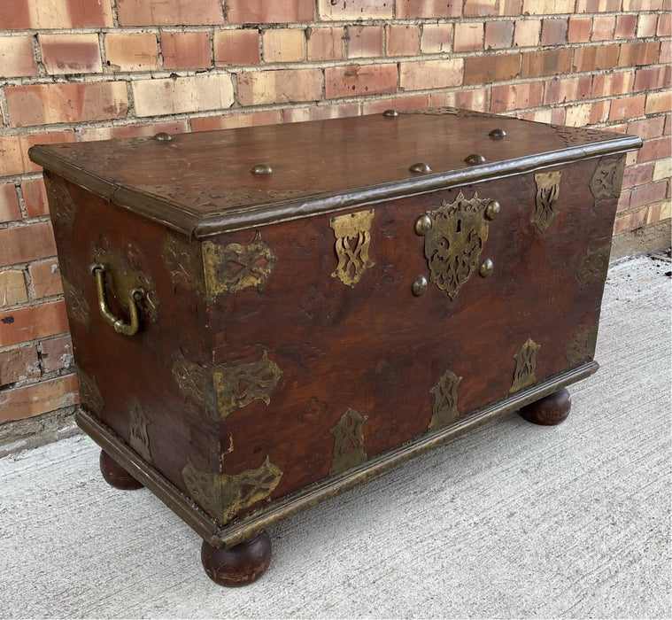 BRASS MOUNTED TEAK INDIAN COFFER - AS FOUND