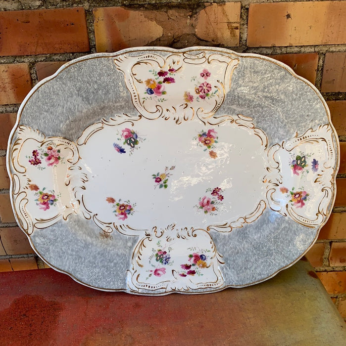 LARGE GRAY AND WHITE WITH FLORAL MOTIF PORCELAIN PLATTER - AS FOUND