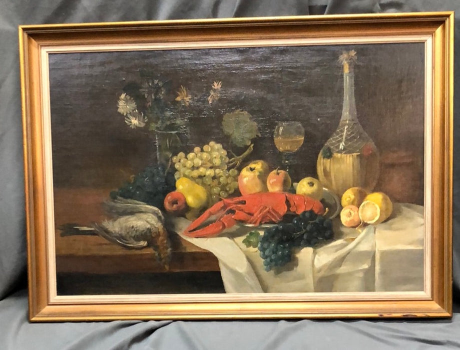 STILL LIFE OIL PAINTING ON CANVAS WITH LOBSTER, FOWL AND FRUIT