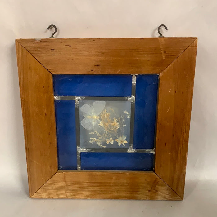 SMALL SQUARE FRAMED STAINED GLASS WITH BUTTERFLY AND FLORAL