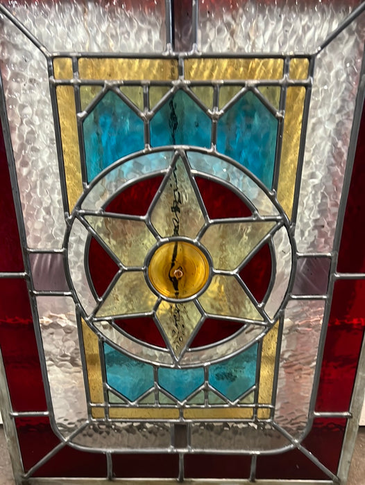 SMALL GEOMETRIC STAINED GLASS WITH ZINC BORDER AND STAR WITH RONDELL