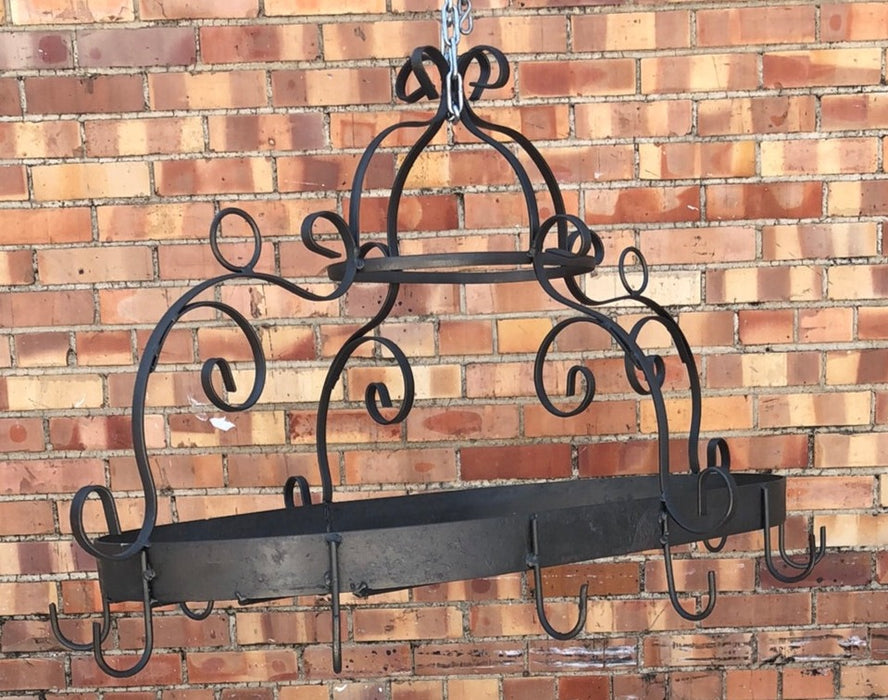 LARGE OVAL WROUGHT IRON GRAY POT RACK