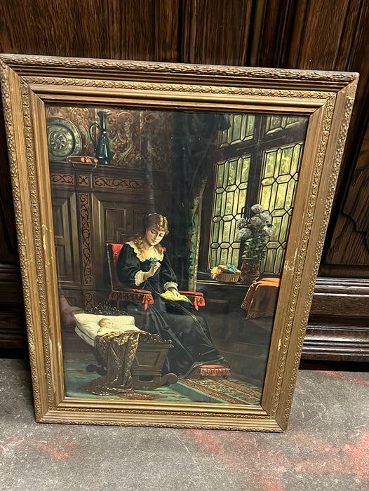 VICTORAIN CRADLE PRINT WITH STAINED GLASS IN FRAME